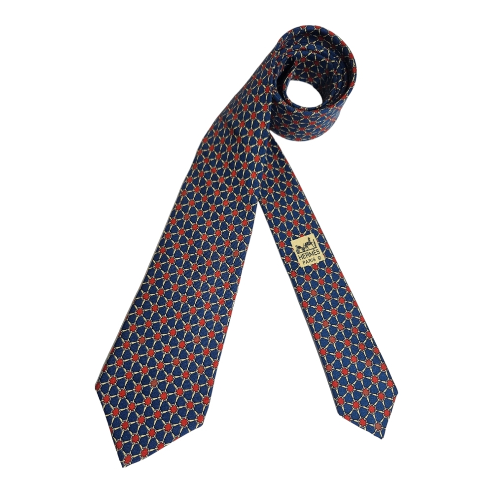 SOLD HERMÈS 7052 TA Blue/Red Chain Link Silk LUXURY Tie FRANCE